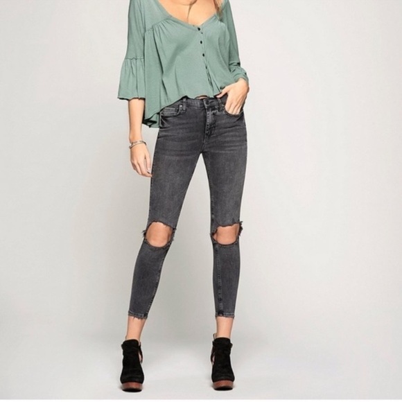 Free People High Rise Busted Knees Skinny Jeans Dark Gray Sz 30 - Picture 1 of 11